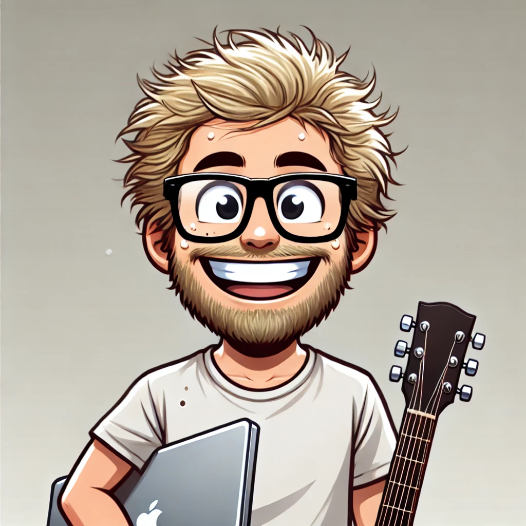 A drawing of a guy who looks almost nothing like Gabe. He's holding a guitar and a Macbook Pro.