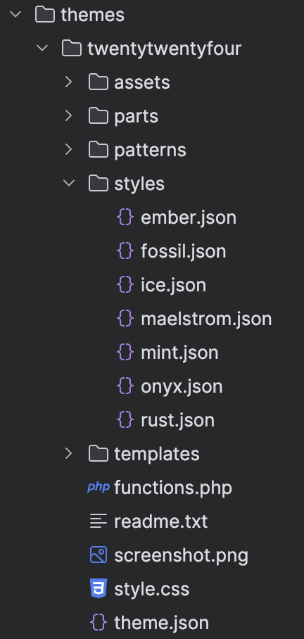 A screenshot of the Twenty Twenty-Four theme files with the styles directory expanded to show several .json files corresponding to the styles available in the theme.