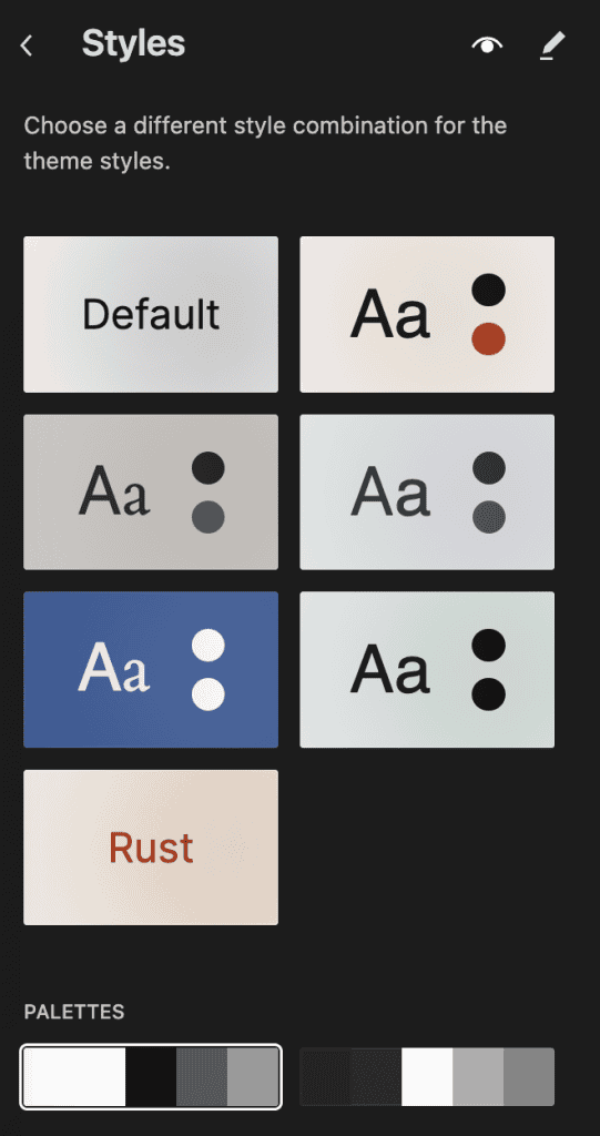 An image of the interface for choosing styles in the WordPress Site Editor, using the Twenty Twenty-Four theme